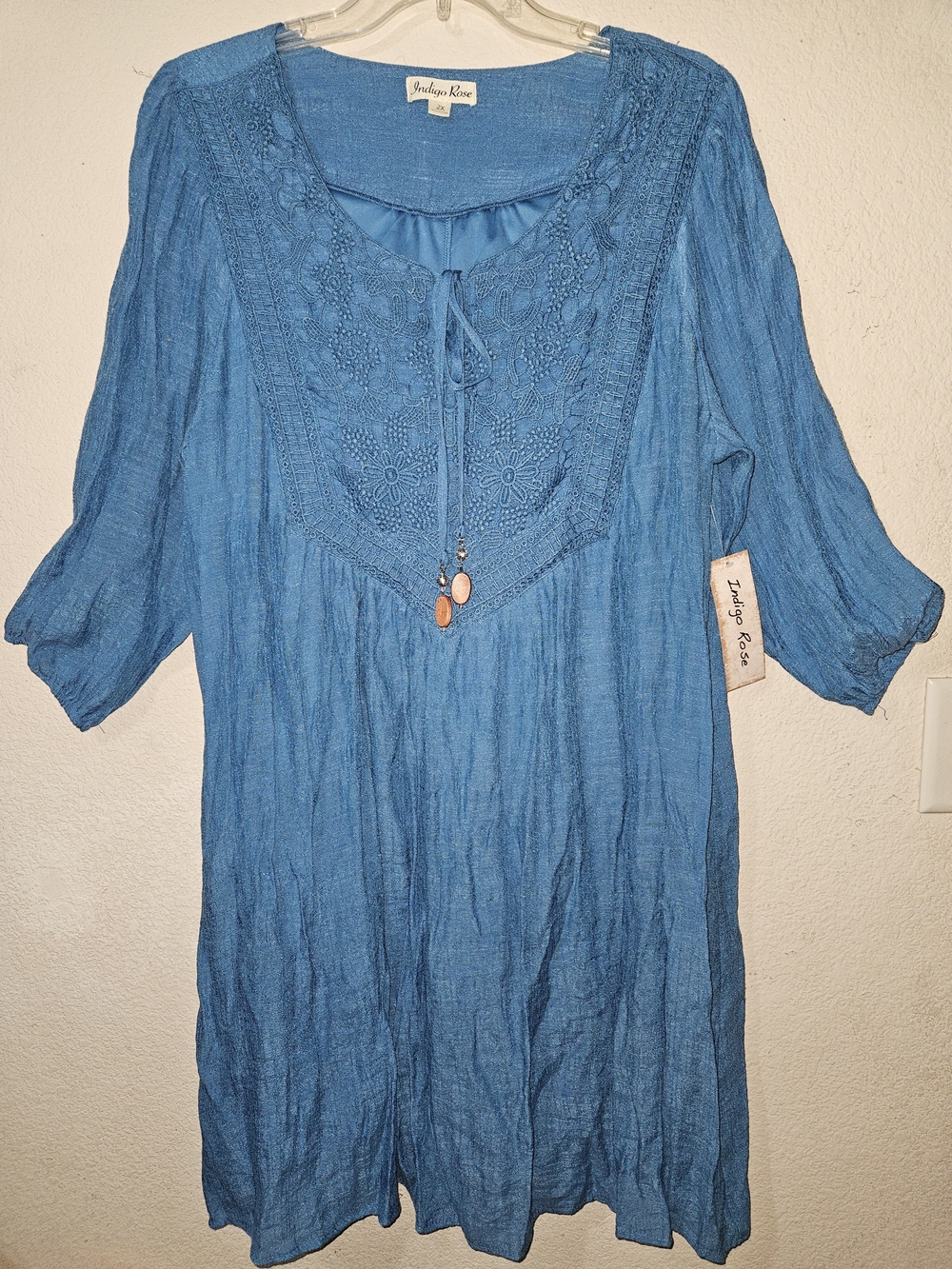 Indigo Rose - Women's Teal Crochet Yoke Peasant Dress